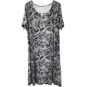 KIM ROGERS Swing Black and White Paisley Print T-Shirt Dress Womens Size Large L